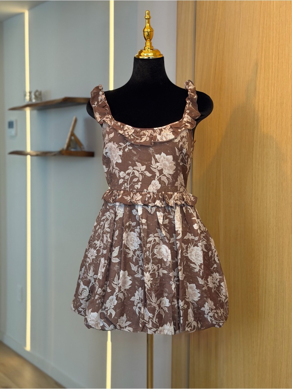 And Now This Brown Y2K Floral Ruffle Mini Bubble Dress | Romantic Muse